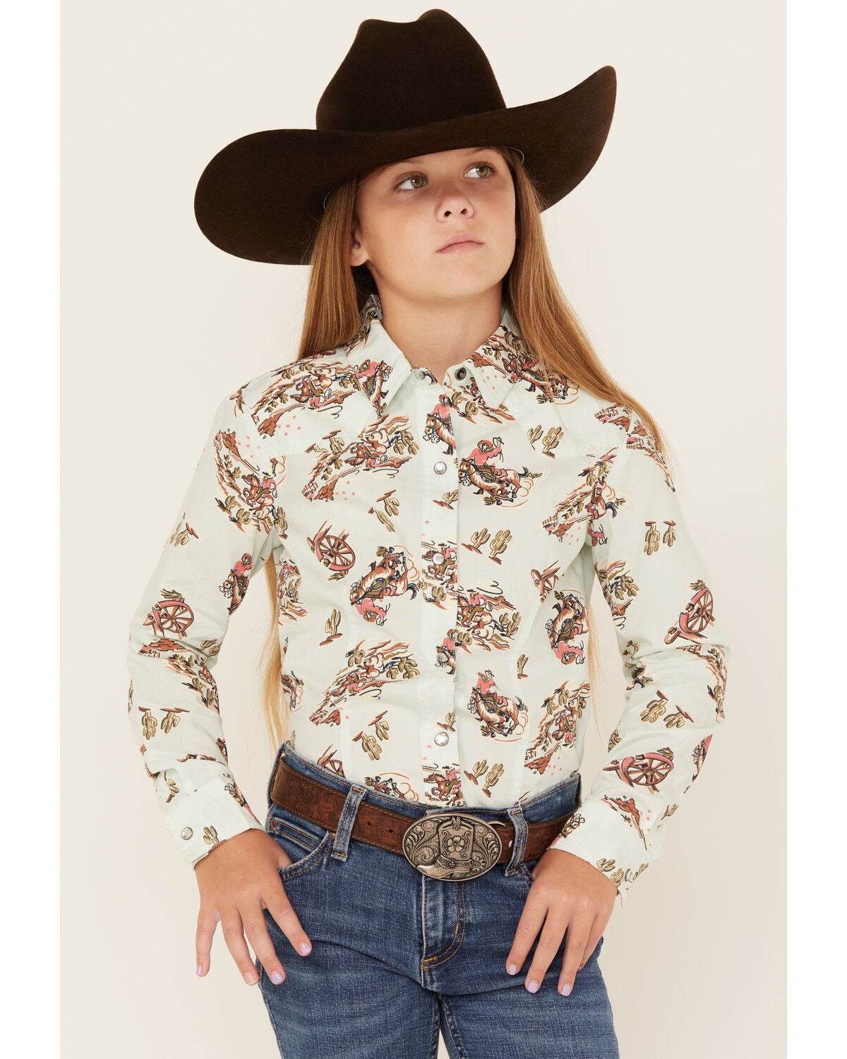 Cruel Girl Girls' Printed Long Sleeve Rhinestone Snap Western Shirt, Light Blue, hi-res