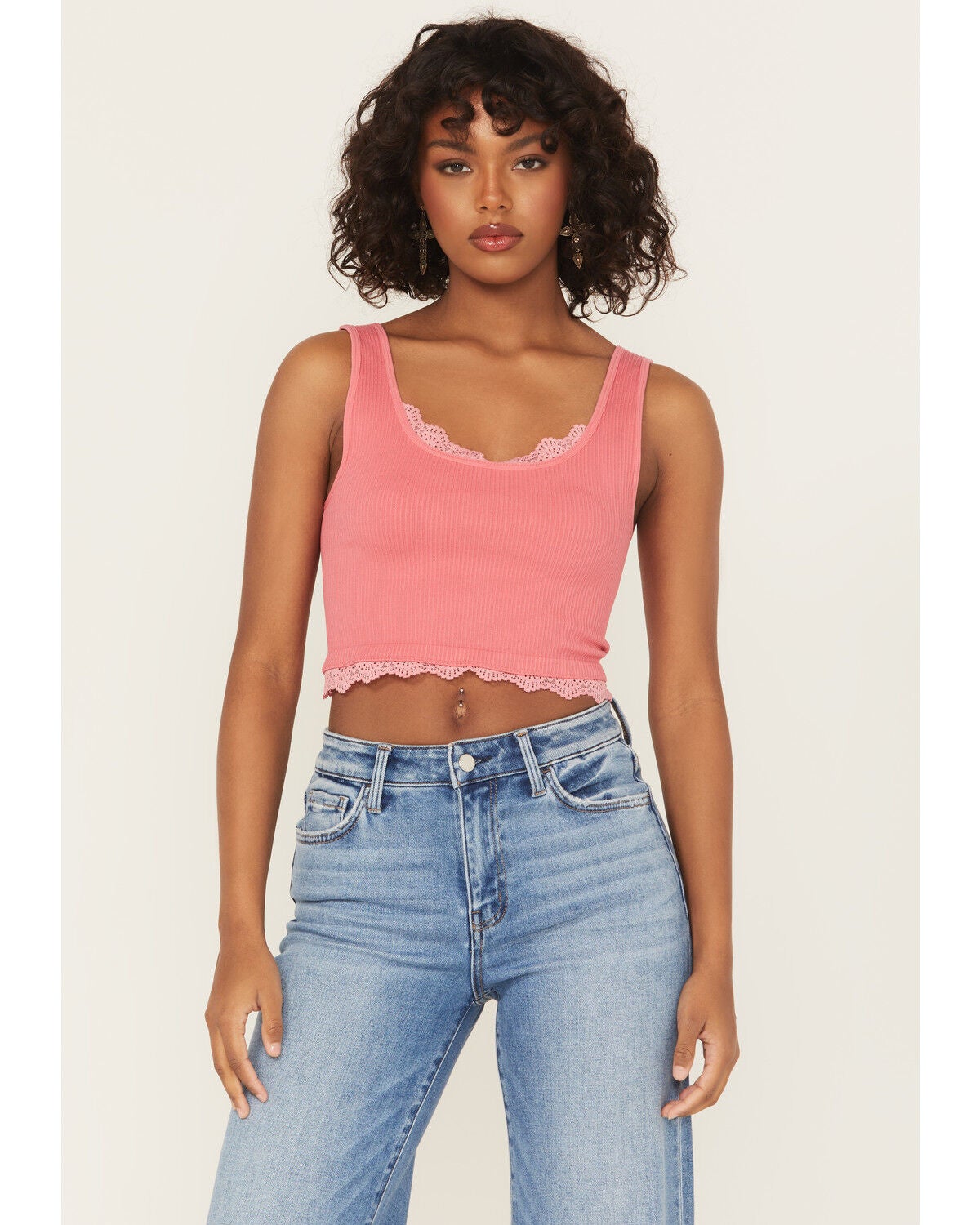 Fornia Women's Lace Trim Bralette, Pink, hi-res