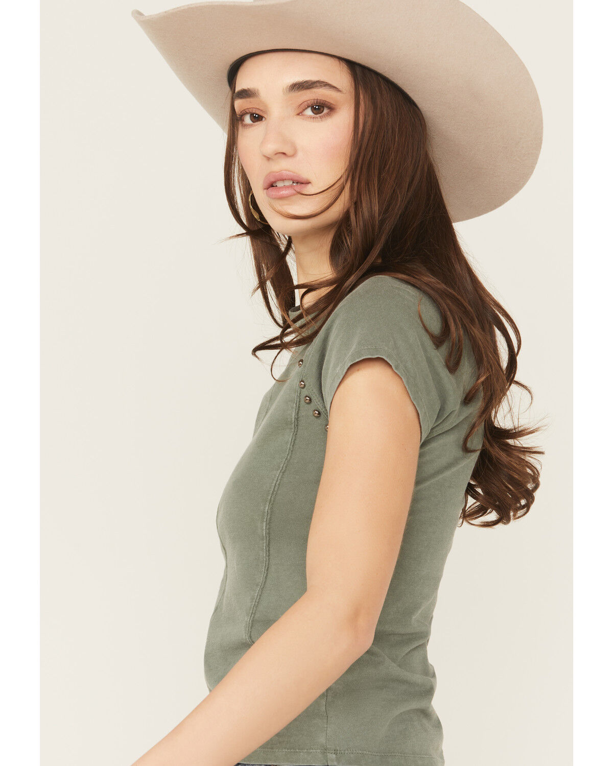 Image #2 - Rock & Roll Denim Women's Studded Baby Tee, Green, hi-res