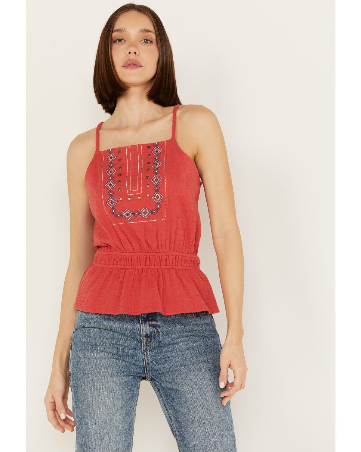 Rock & Roll Denim Women's Southwestern Embroidered Sleeveless Tank, Red, hi-res