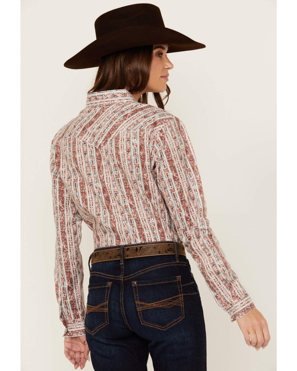 Image #4 - Rough Stock by Panhandle Women's Wallpaper Print Long Sleeve Pearl Snap Stretch Western Shirt, Orange, hi-res