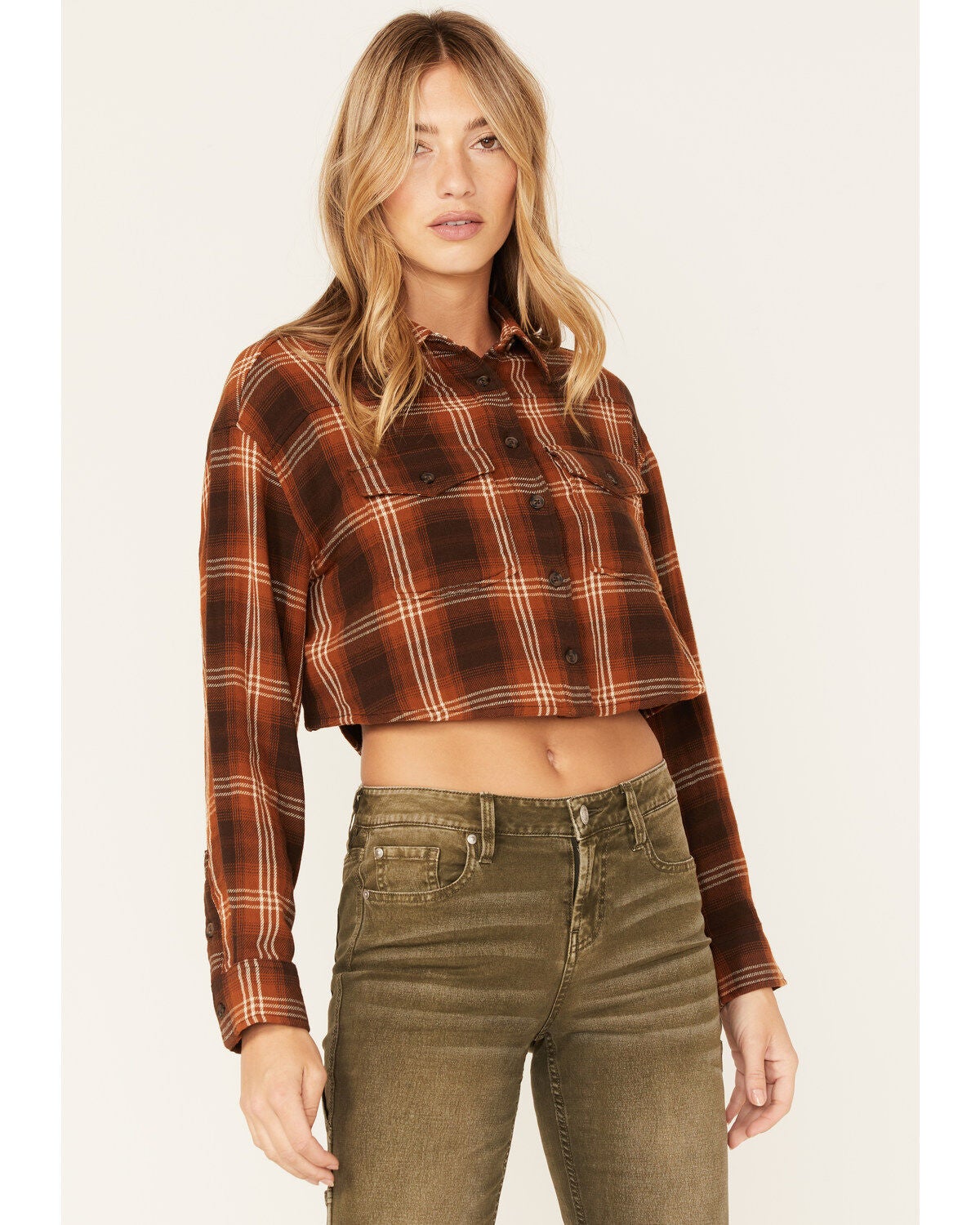 Cleo + Wolf Women's Plaid Print Cropped Shirt, Brown, hi-res