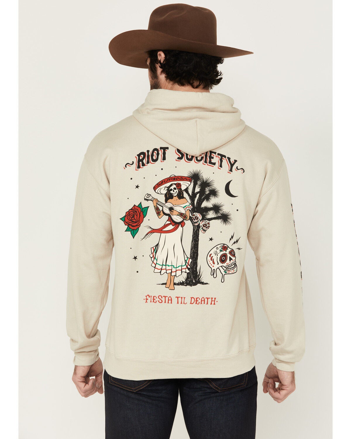 Riot Society Men's Boot Barn Exclusive Fiesta Til Death Cowgirl Graphic Hooded Sweatshirt, Sand, hi-res