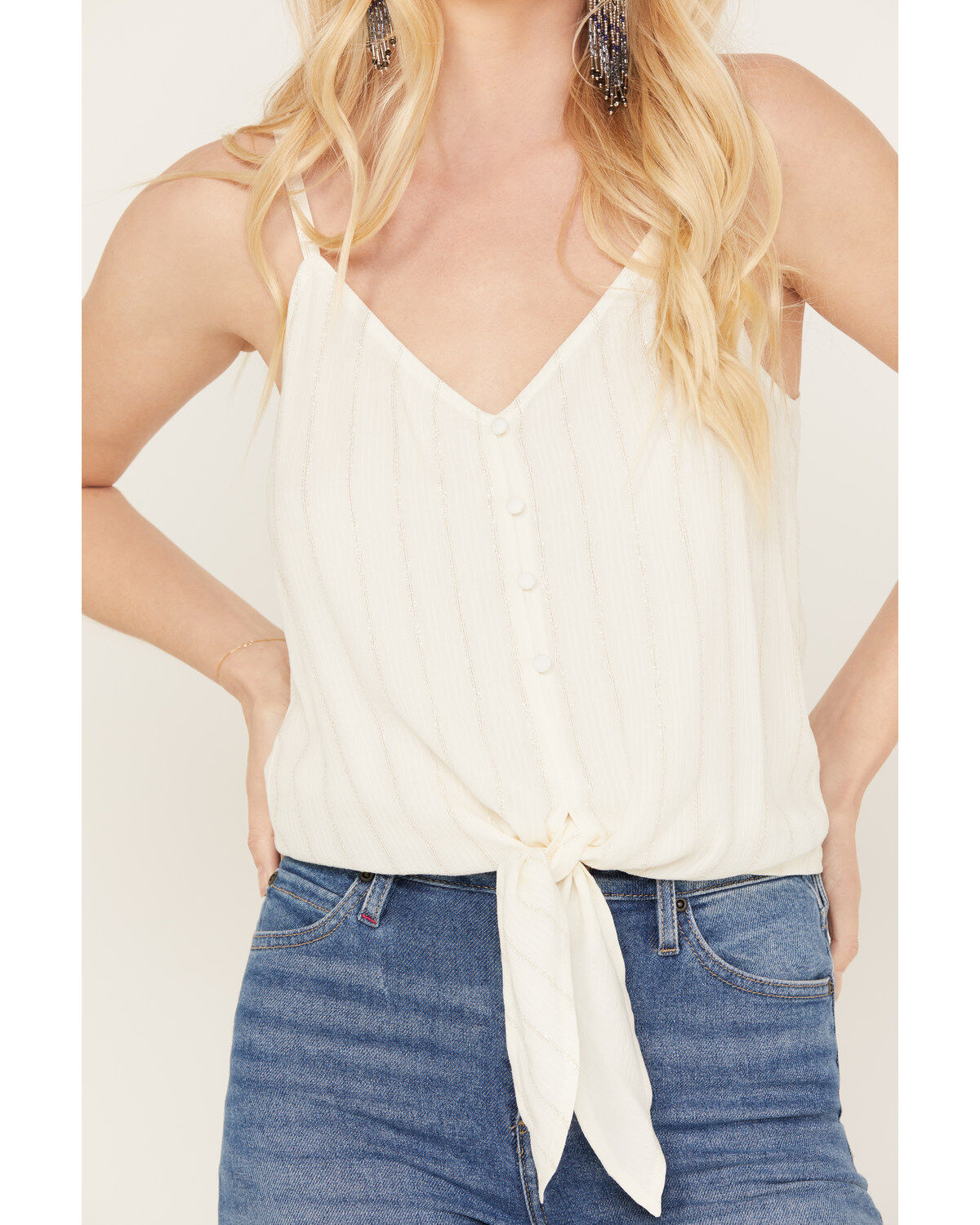 Image #3 - Idyllwind Women's Rio Metallic Striped Tie Tank Top, Ivory, hi-res
