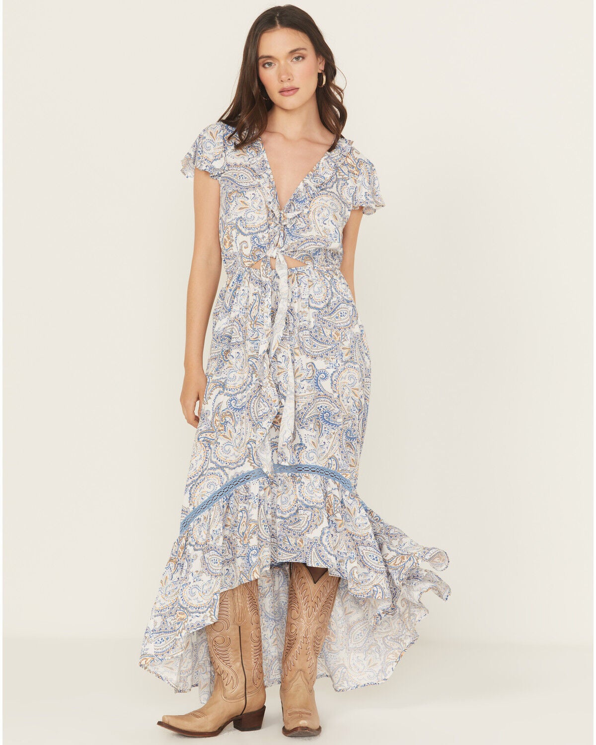 Beyond The Radar Women's Paisley Print Short Sleeve High-Low Dress, Blue, hi-res