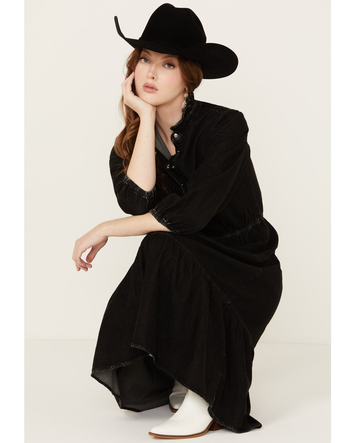 Image #1 - Driftwood Women's Long Sleeve Denim Midi Dress, Black, hi-res