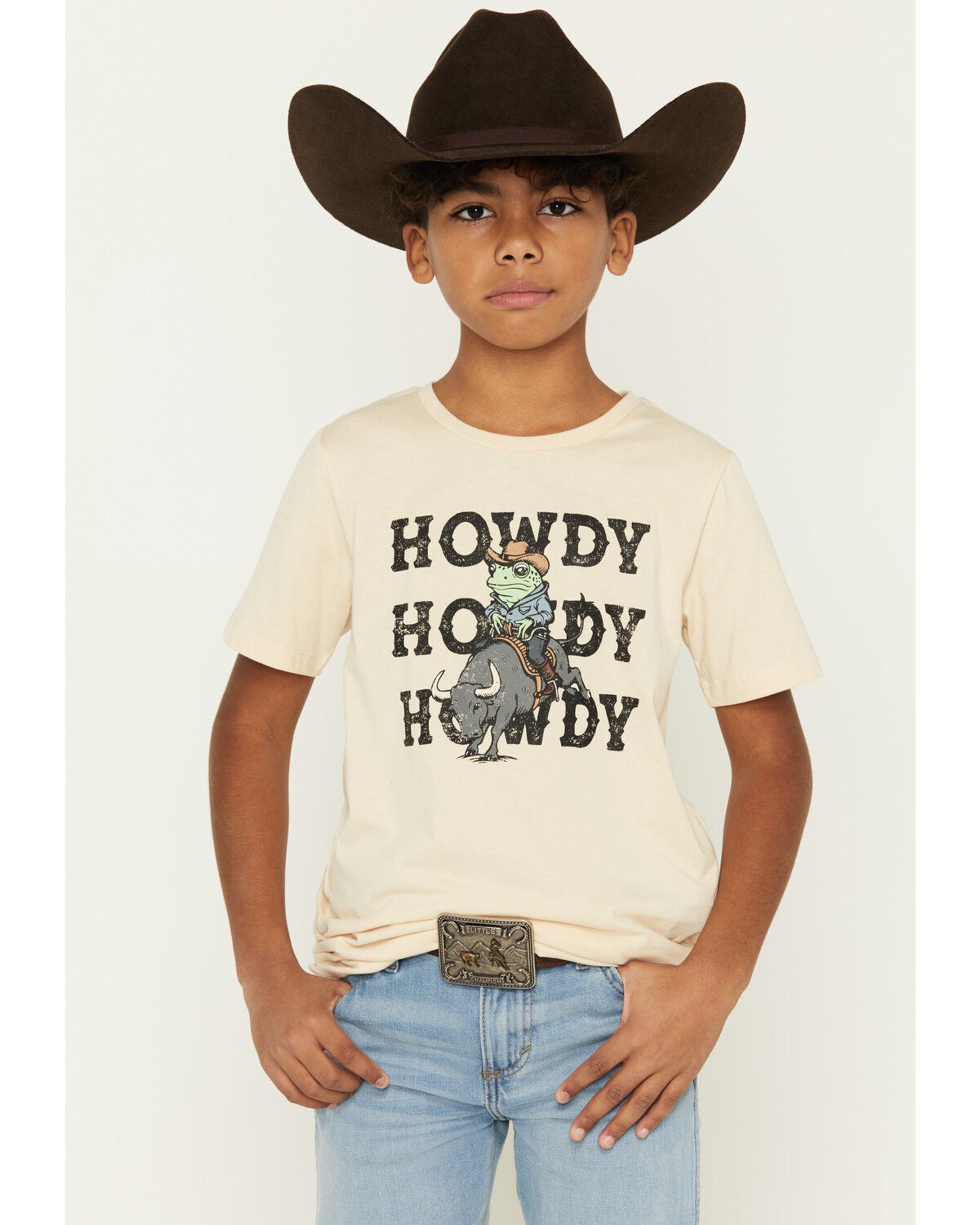 Sable Sky Boys' Howdy Frog Short Sleeve Graphic T-Shirt, Sand, hi-res