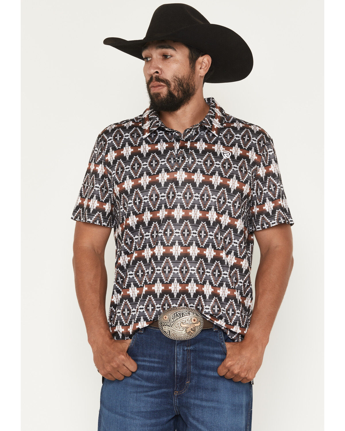 Image #1 - Rock & Roll Denim Men's Southwestern Print Short Sleeve Button-Down Stretch Polo Shirt, Black, hi-res