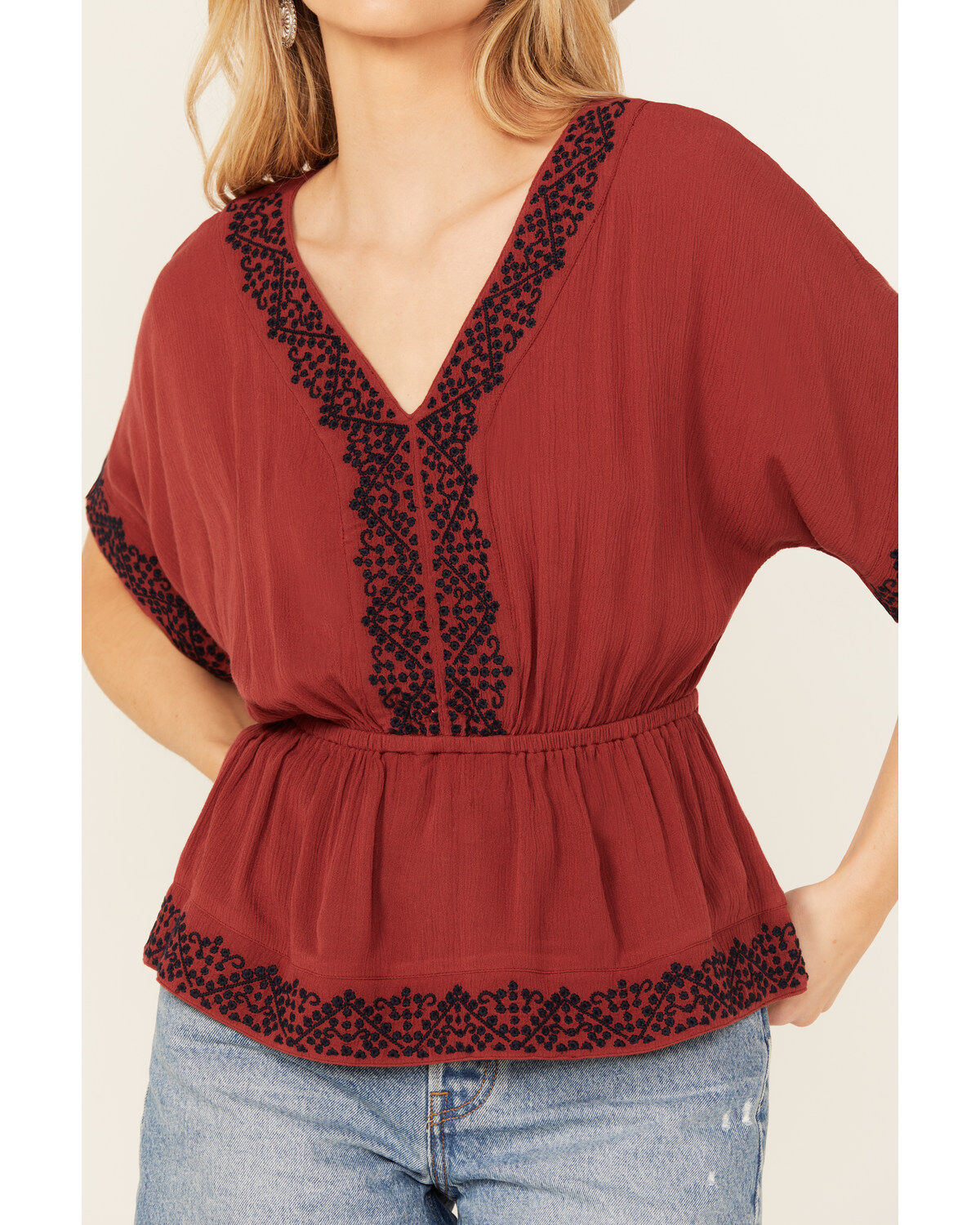 Image #3 - Shyanne Women's Embroidered Sleeve Peplum Top, Brick Red, hi-res