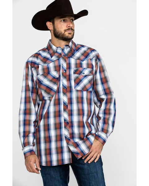 Image #1 - Cowboy Hardware Men's Multi Large Plaid Long Sleeve Western Shirt , Orange, hi-res