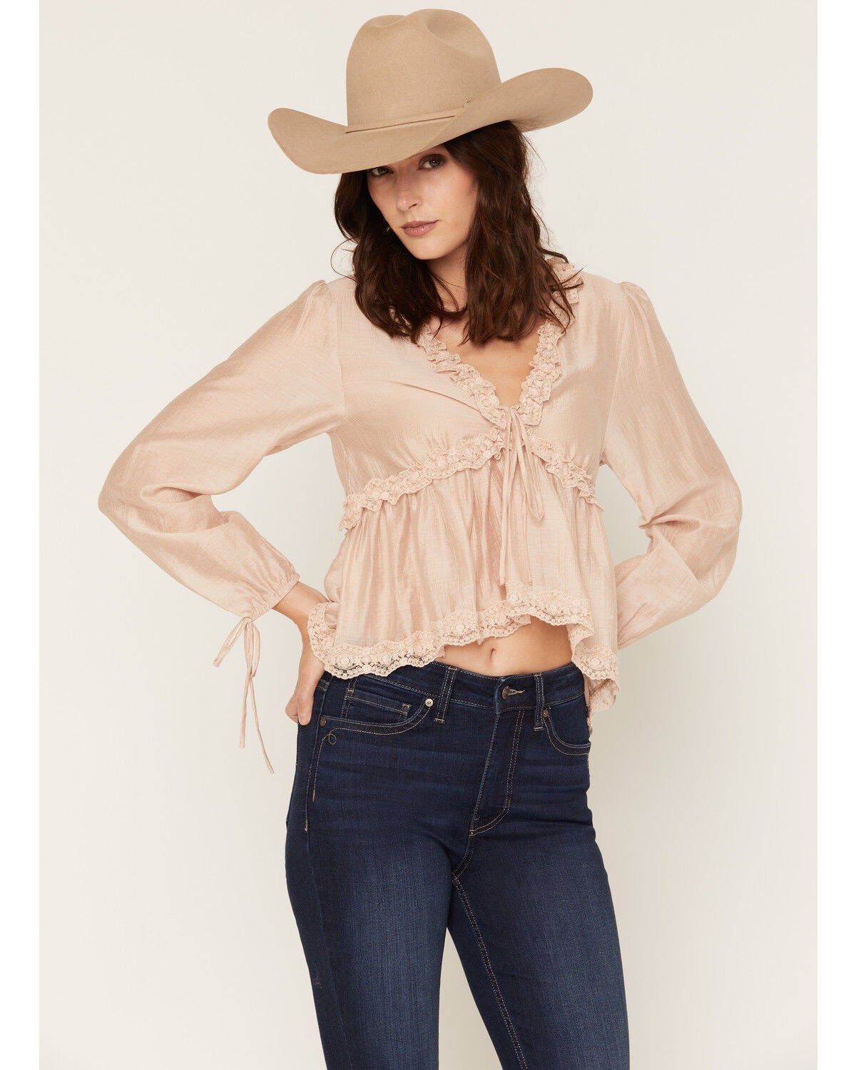 Rosabelle Honey Women's Long Sleeve Ruffle Lace Blouse, Nude, hi-res