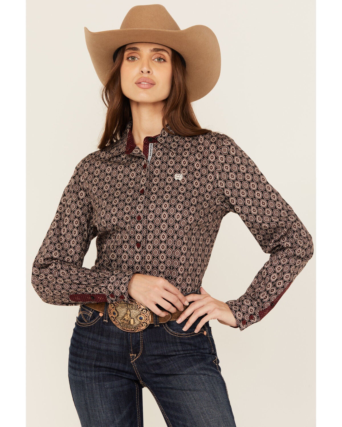 Cinch Women's Medallion Print Long Sleeve Button-Down Western Shirt, Black, hi-res