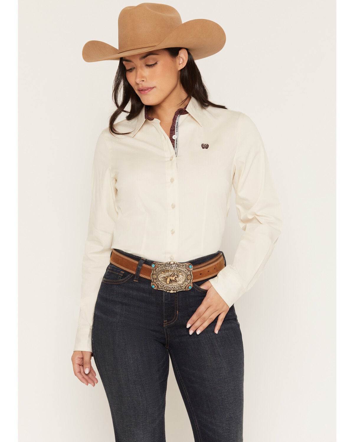 Image #1 - Cinch Women's Striped Long Sleeve Button-Down Western Shirt, Cream, hi-res
