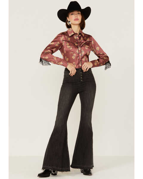 Panhandle Women's Floral Satin Fringe Western Snap Shirt, Rust Copper, hi-res