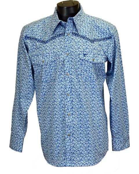 Image #1 - Cowboy Hardware Men's Paisley and Diamond Stitched Long Sleeve Shirt, Blue, hi-res