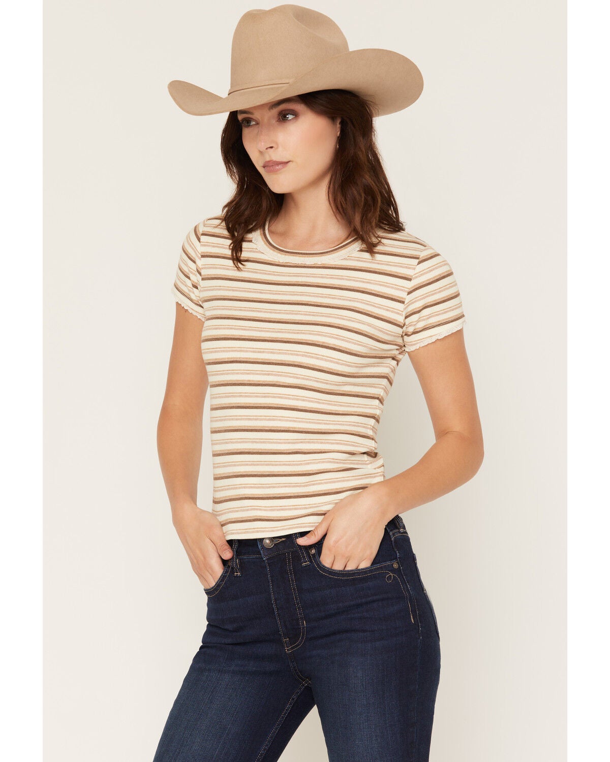 Cleo + Wolf Women's Striped Ruffle Trim Short Sleeve Baby Tee, Ivory, hi-res