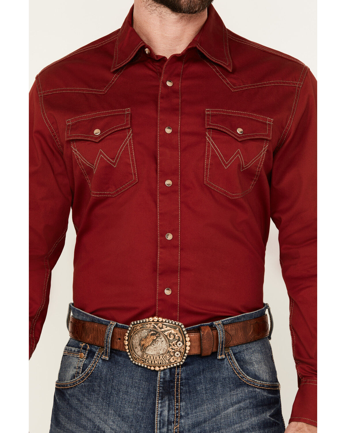 Image #3 - Wrangler Retro Men's Premium Solid Long Sleeve Snap Western Shirt, Dark Red, hi-res