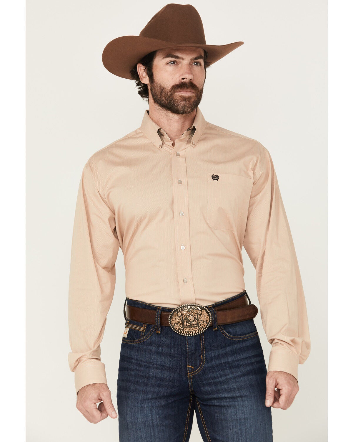 Cinch Men's Striped Print Long Sleeve Button-Down Stretch Western Shirt, Gold, hi-res