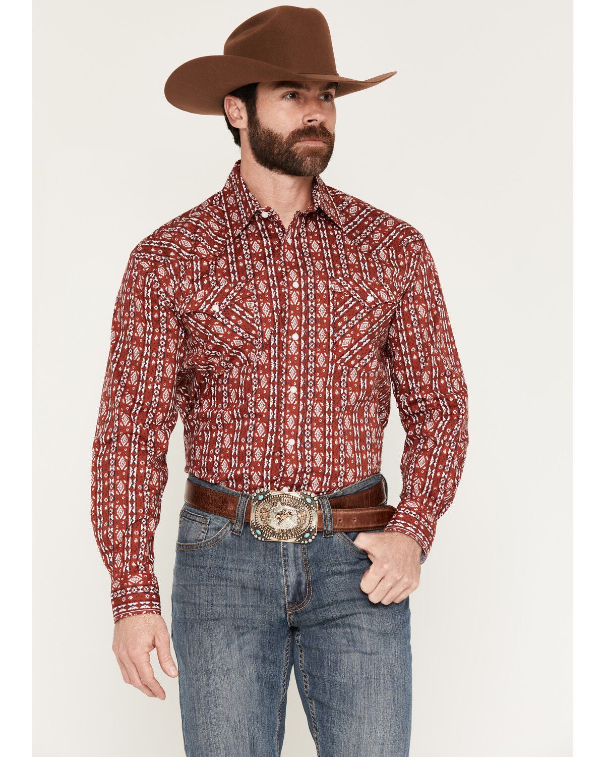 Panhandle Slim Men's Southwestern Print Long Sleeve Snap Stretch Western Shirt, Red, hi-res