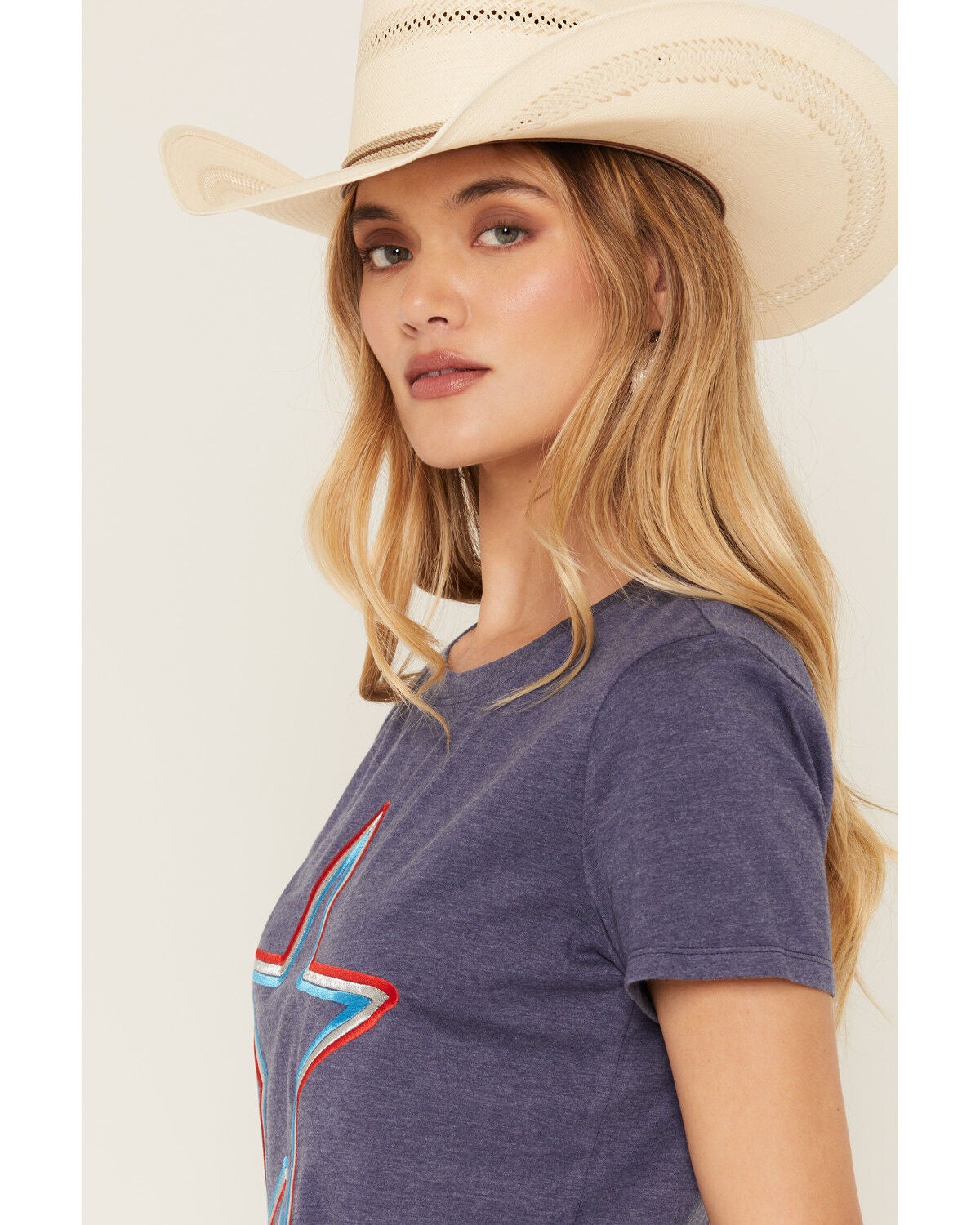 Image #2 - Blended Women's Star Embroidered Short Sleeve Tee, Navy, hi-res