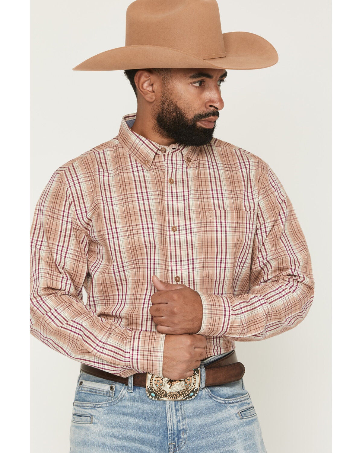 Image #1 - Cody James Men's Bodie Plaid Print Long Sleeve Button-Down Stretch Western Shirt, Tan, hi-res
