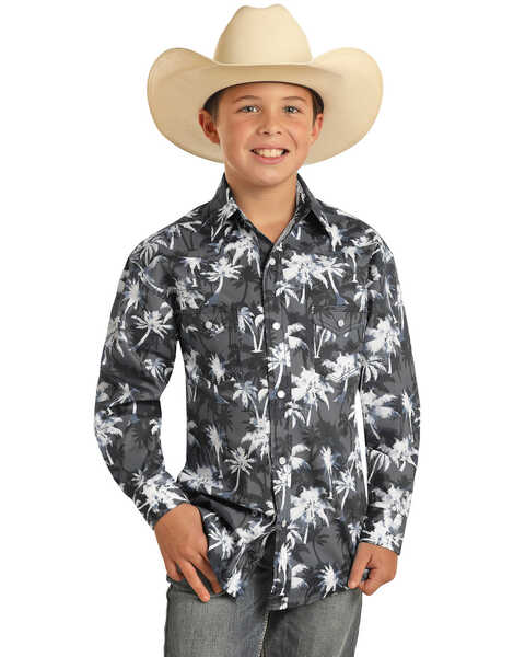 Rock & Roll Denim Boys' Grey Palm Floral Print Long Sleeve Snap Western Shirt , Grey, hi-res