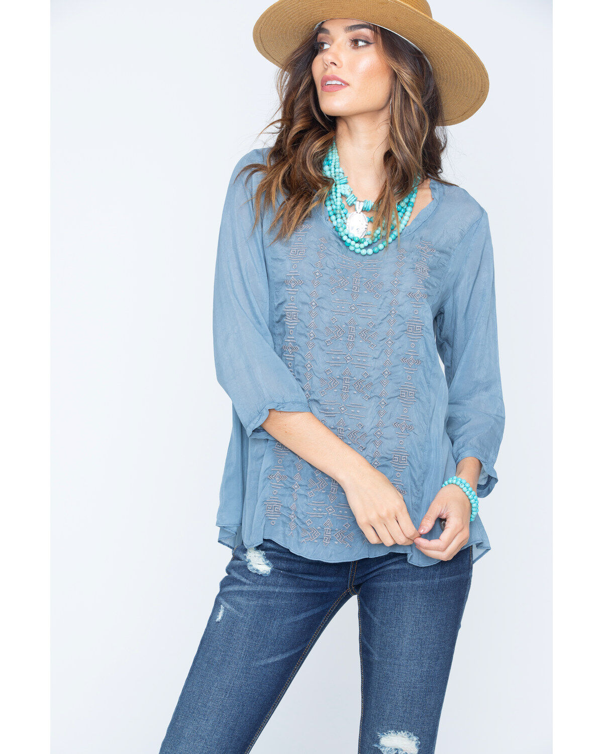 Image #1 - Ryan Michael Women's Embroidered Cupra Rayon Top, Navy, hi-res