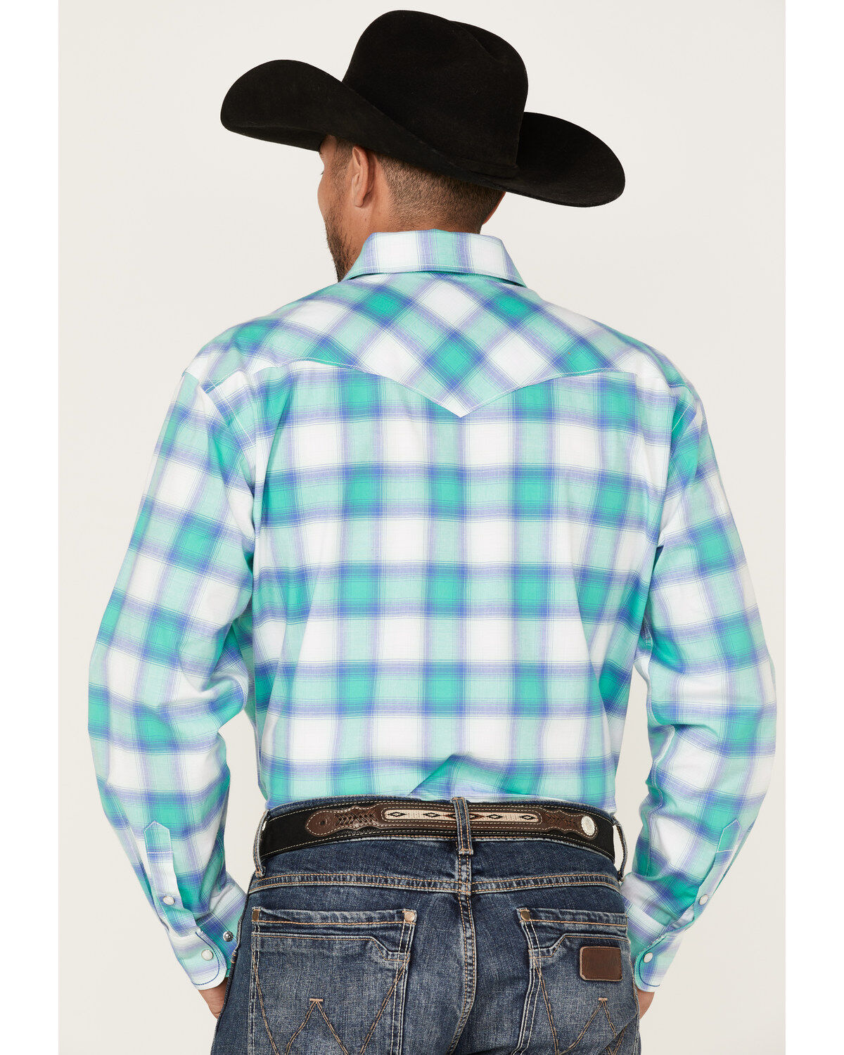 Image #4 - Rough Stock By Panhandle Men's Stretch Ombre Plaid Long Sleeve Pearl Snap Western Shirt, Aqua, hi-res