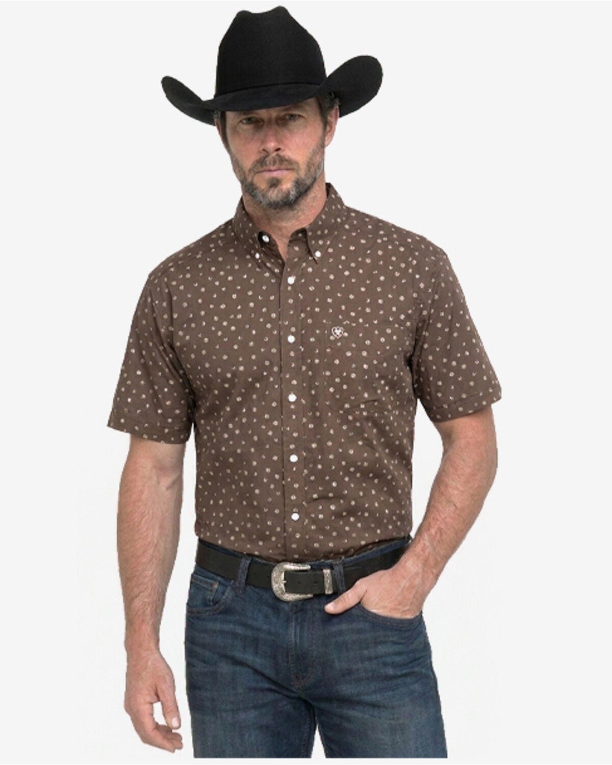 Image #1 - Ariat Men's Boot Barn Exclusive Ludwig Tossed Western Print Short Sleeve Button-Down Western Shirt, Brown, hi-res
