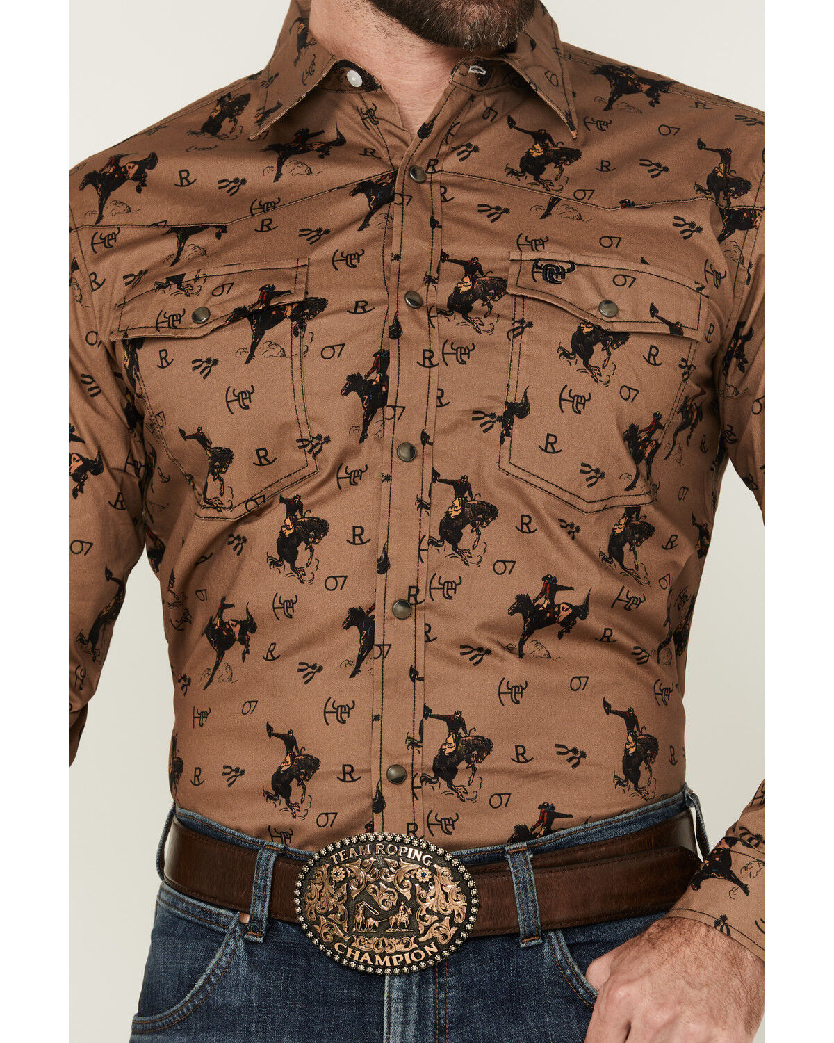 Image #3 - Cowboy Hardware Men's Bronc Conversation Print Long Sleeve Snap Western Shirt, Brown, hi-res
