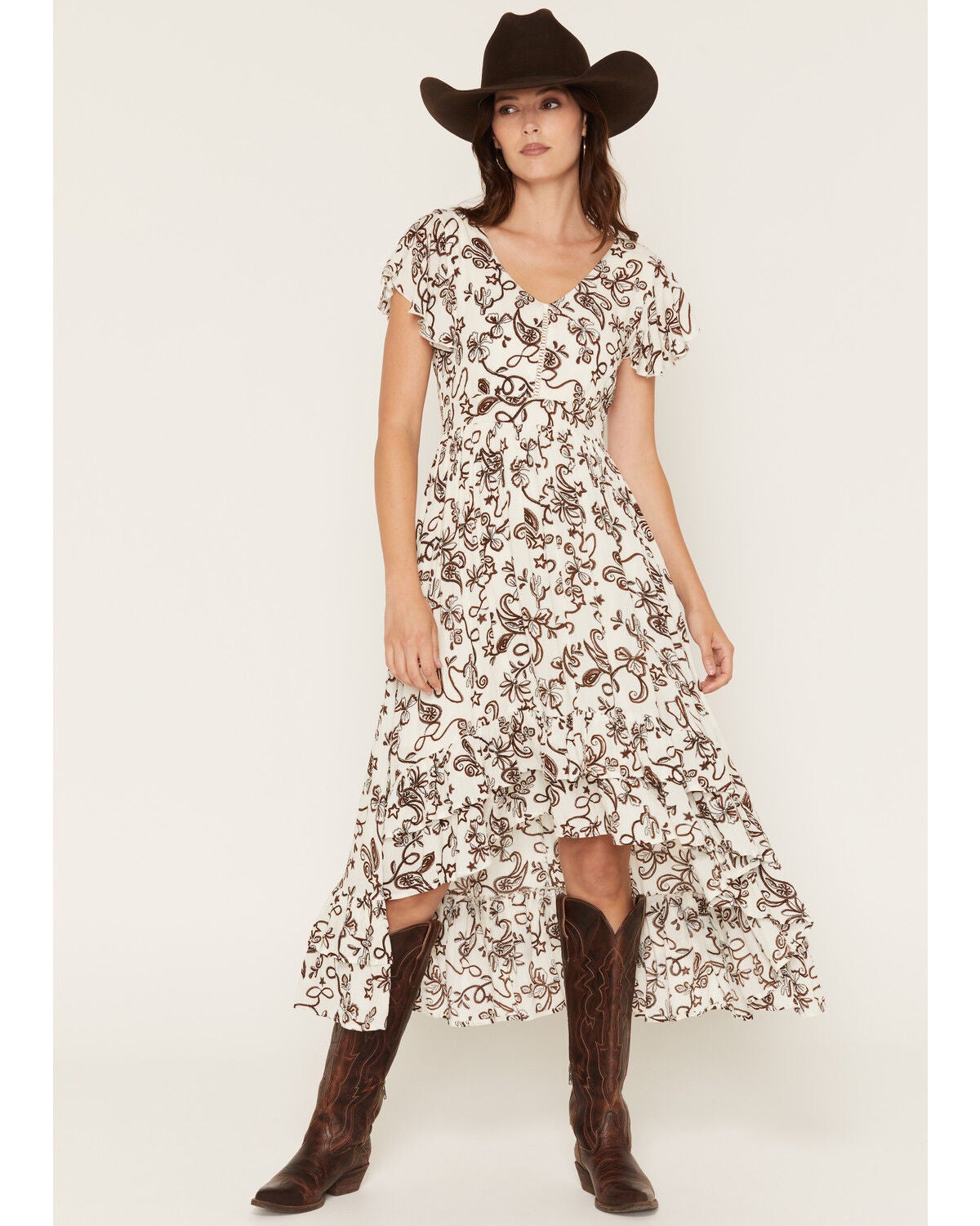 Rosabelle Honey Women's Western Print High Low Midi Dress, Cream, hi-res