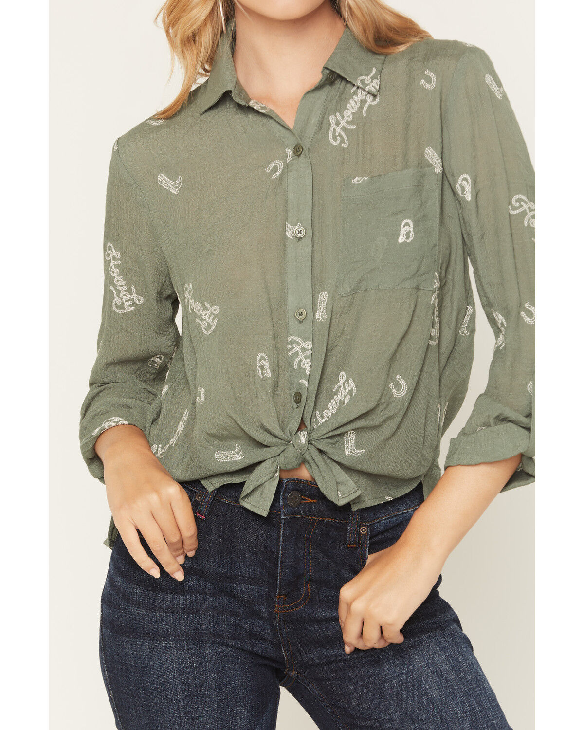 Image #3 - June & Hudson Women's Western Embroidered 3/4 Sleeve Button-Down Shirt, Olive, hi-res