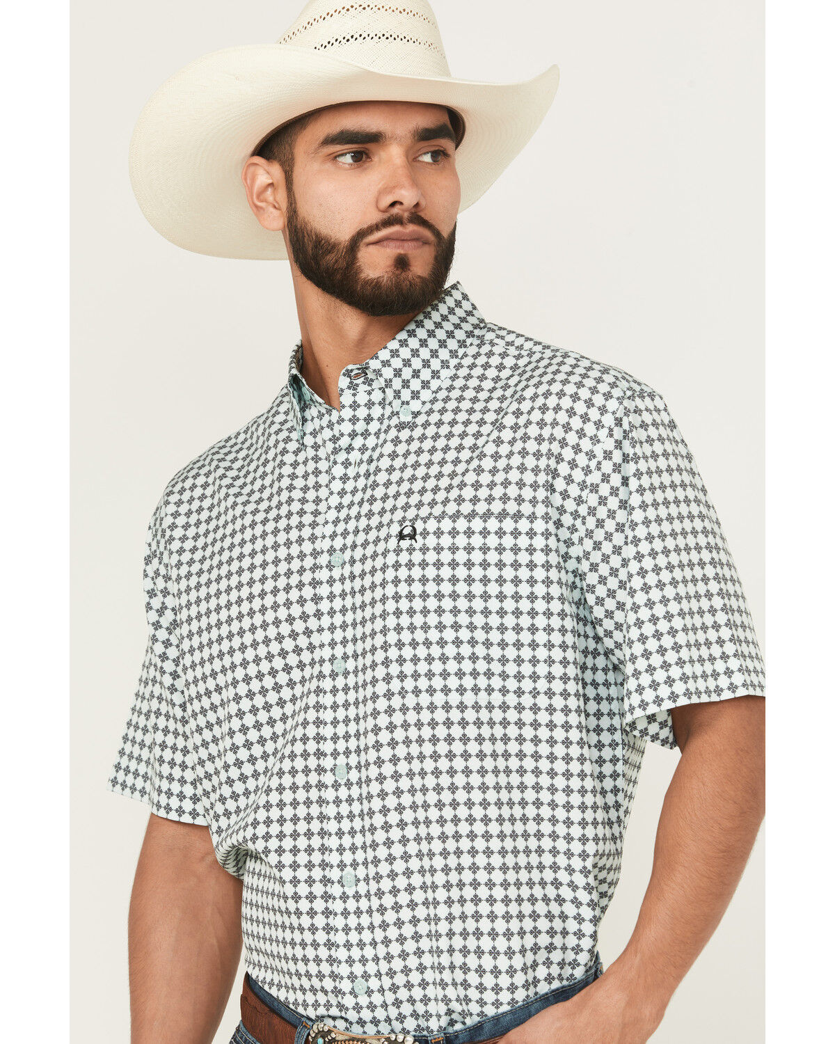 Image #2 - Cinch Men's Geo Print Short Sleeve Button-Down Performance Stretch Western Shirt - Big, Mint, hi-res