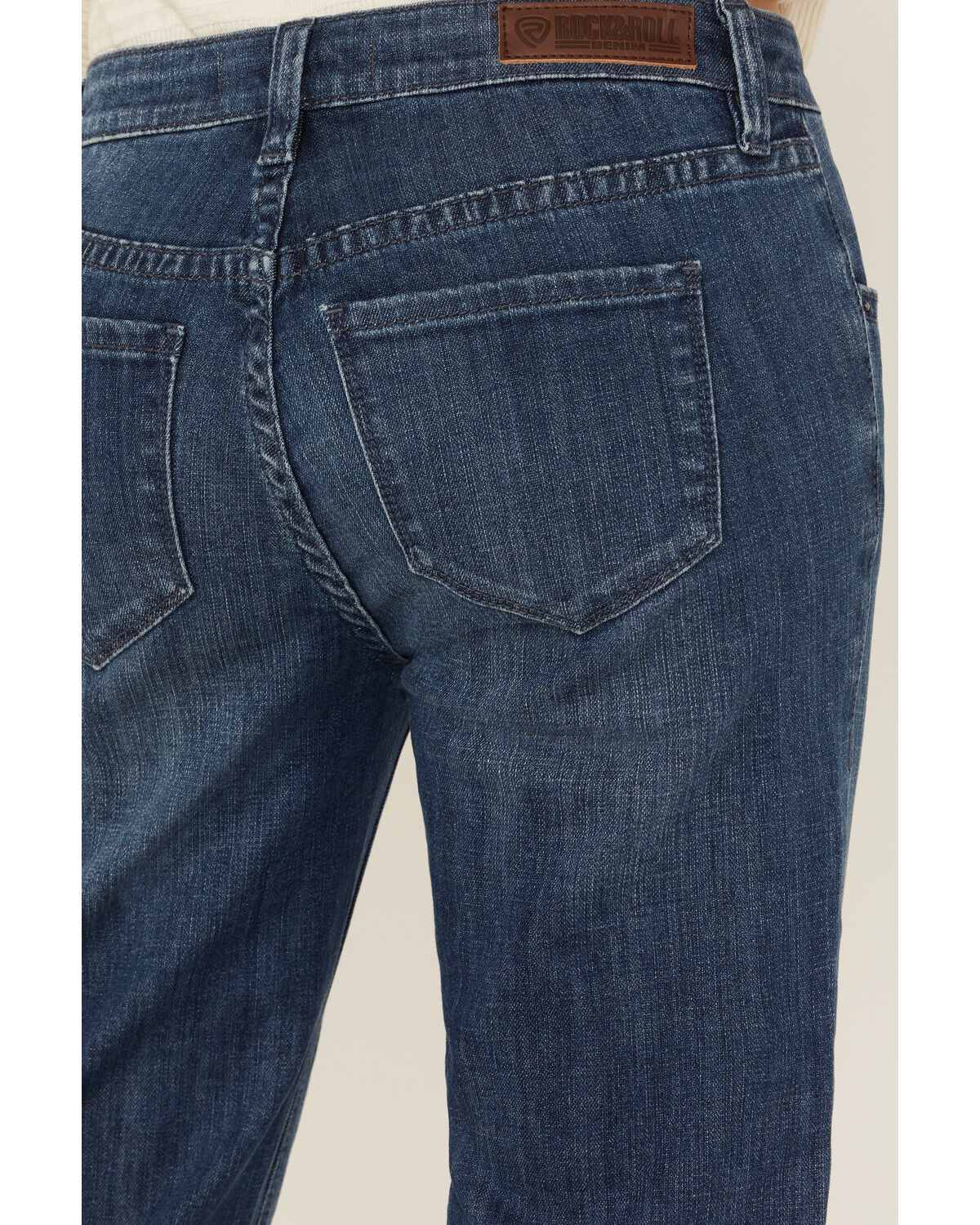 Image #4 - Rock & Roll Denim Women's Dark Wash Mid Rise Hem Stitched Trouser Stretch Denim Jeans, Dark Wash, hi-res