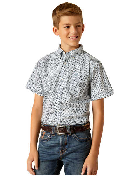 Ariat Boys' Geo Print Short Sleeve Button-Down Western Shirt , Blue, hi-res