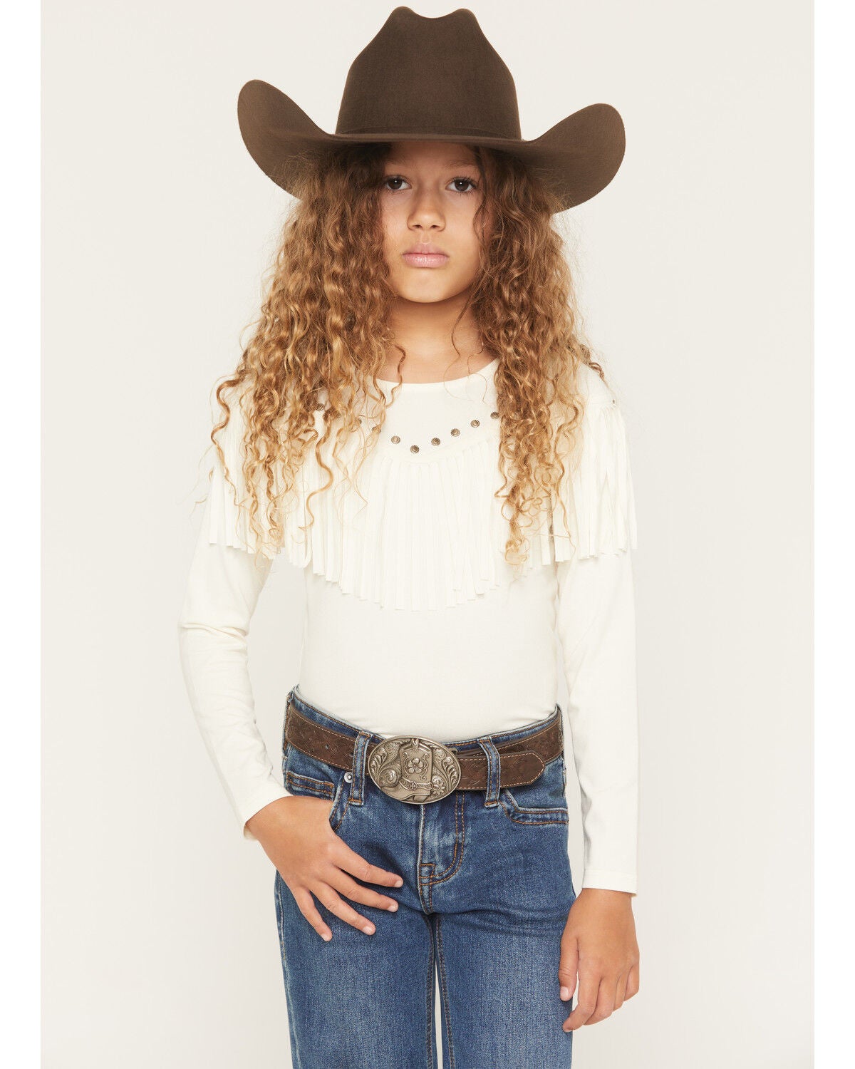 Shyanne Girls' Josie Fringe Studded Long Sleeve Shirt, Cream, hi-res