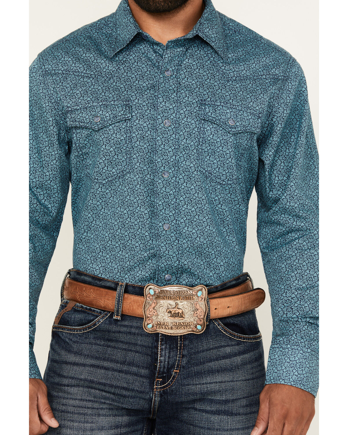 Image #3 - Wrangler Retro Men's Geo Print Long Sleeve Snap Western Shirt, Teal, hi-res