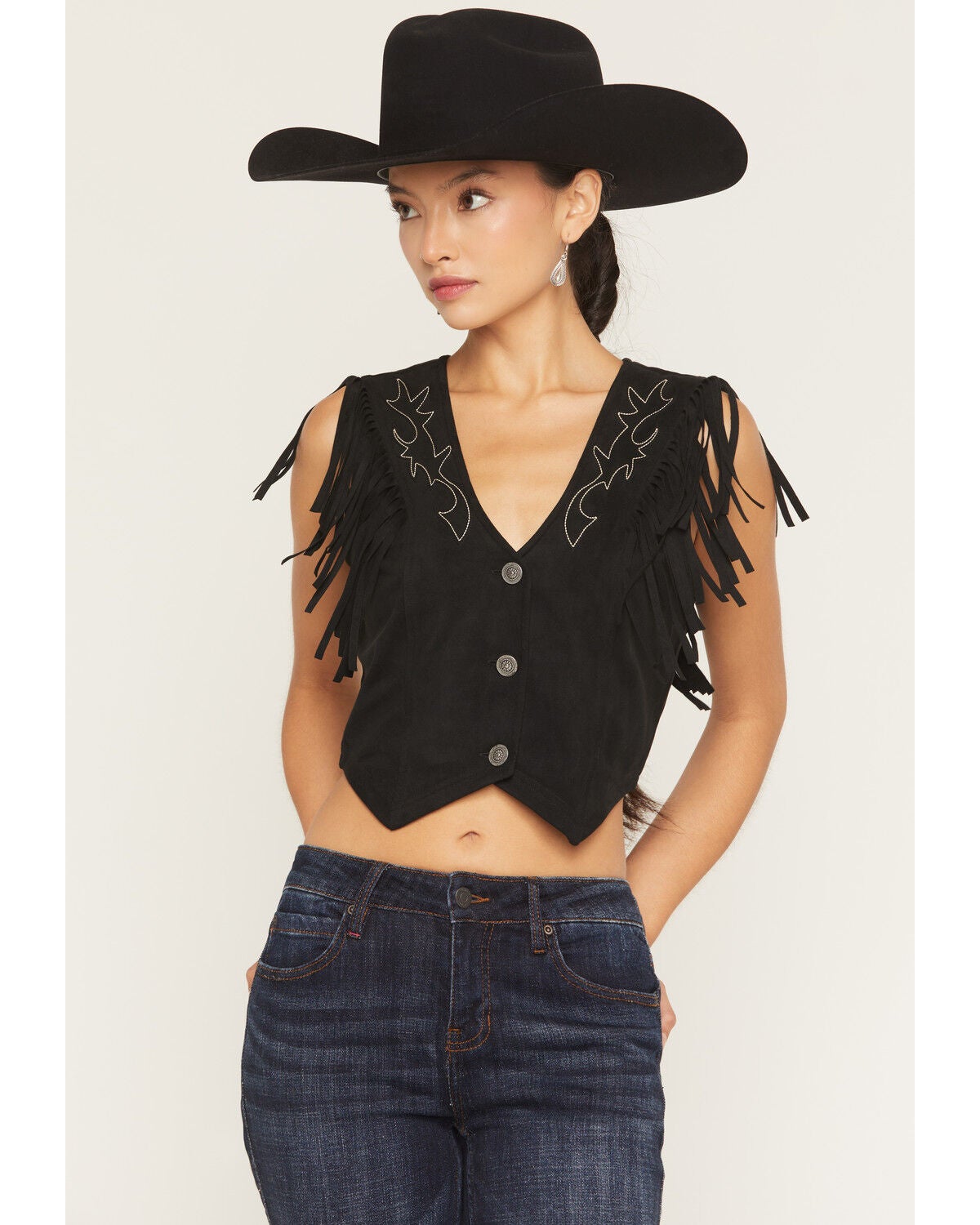 Image #1 - Idyllwind Women's Charlotte Faux Suede Fringe Button-Down Cropped Vest, Black, hi-res