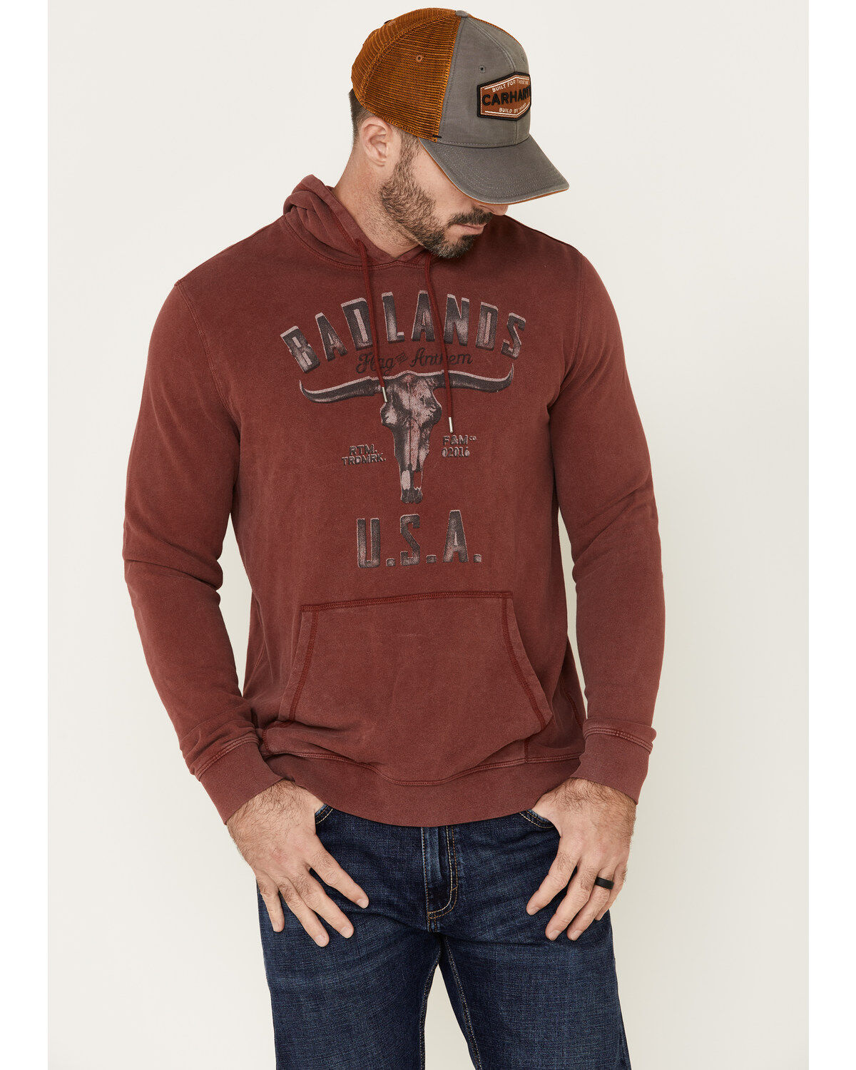 Image #2 - Flag & Anthem Men's Badlands USA Fleece Hooded Sweatshirt, Maroon, hi-res
