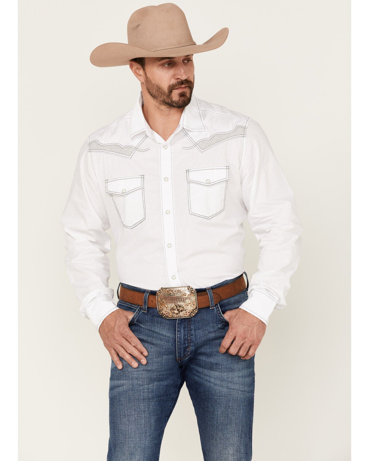 Rock 47 By Wrangler Men's Embroidered Long Sleeve Pearl Snap Western Shirt, White, hi-res