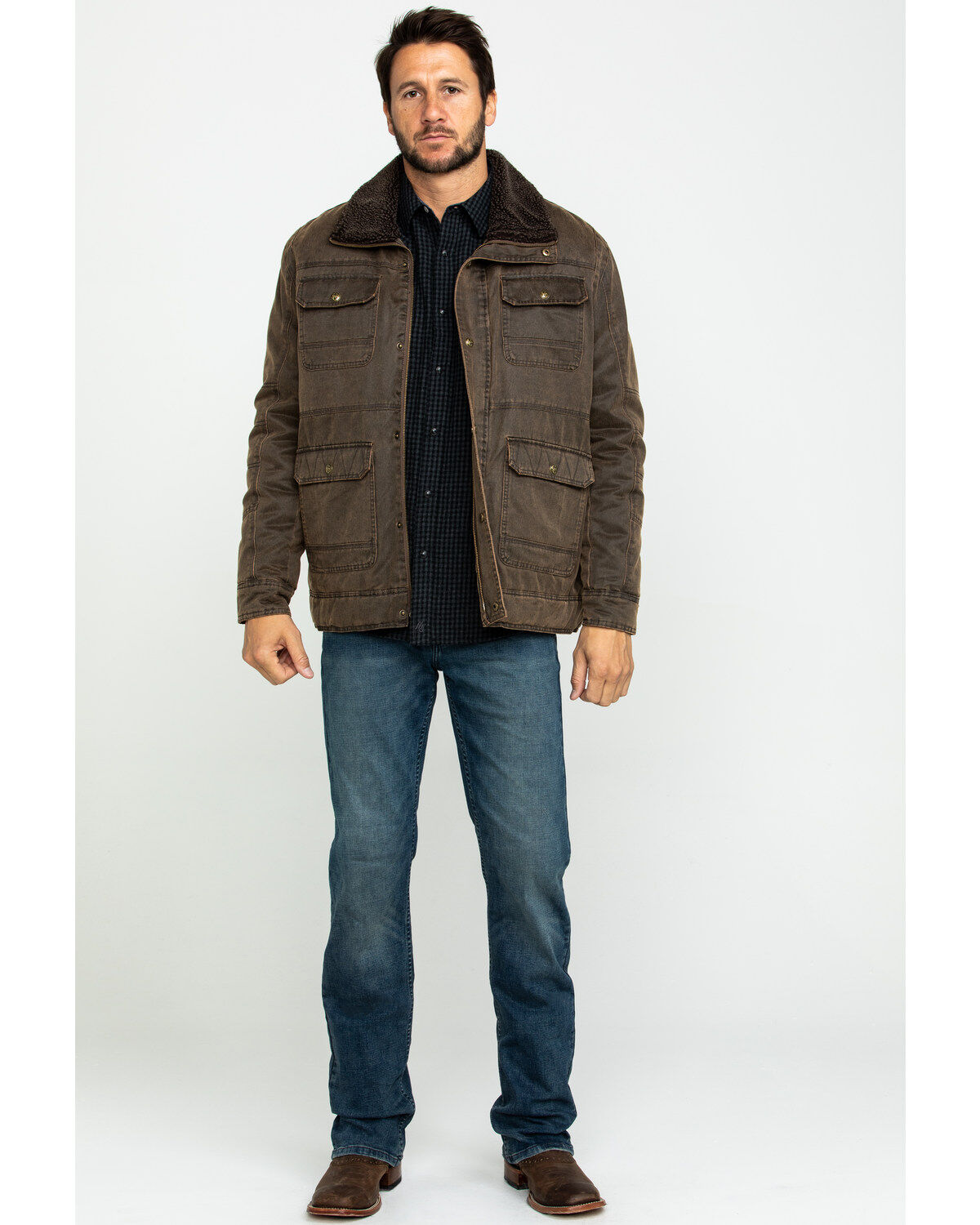 Image #6 - Cripple Creek Men's Enzyme Washed Storm Flap Sherpa Jacket, Chocolate, hi-res