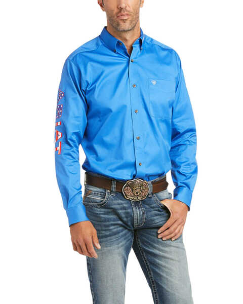 Ariat Men's Team USA Logo Twill Fitted Long Sleeve Button-Down Western Shirt , Blue, hi-res
