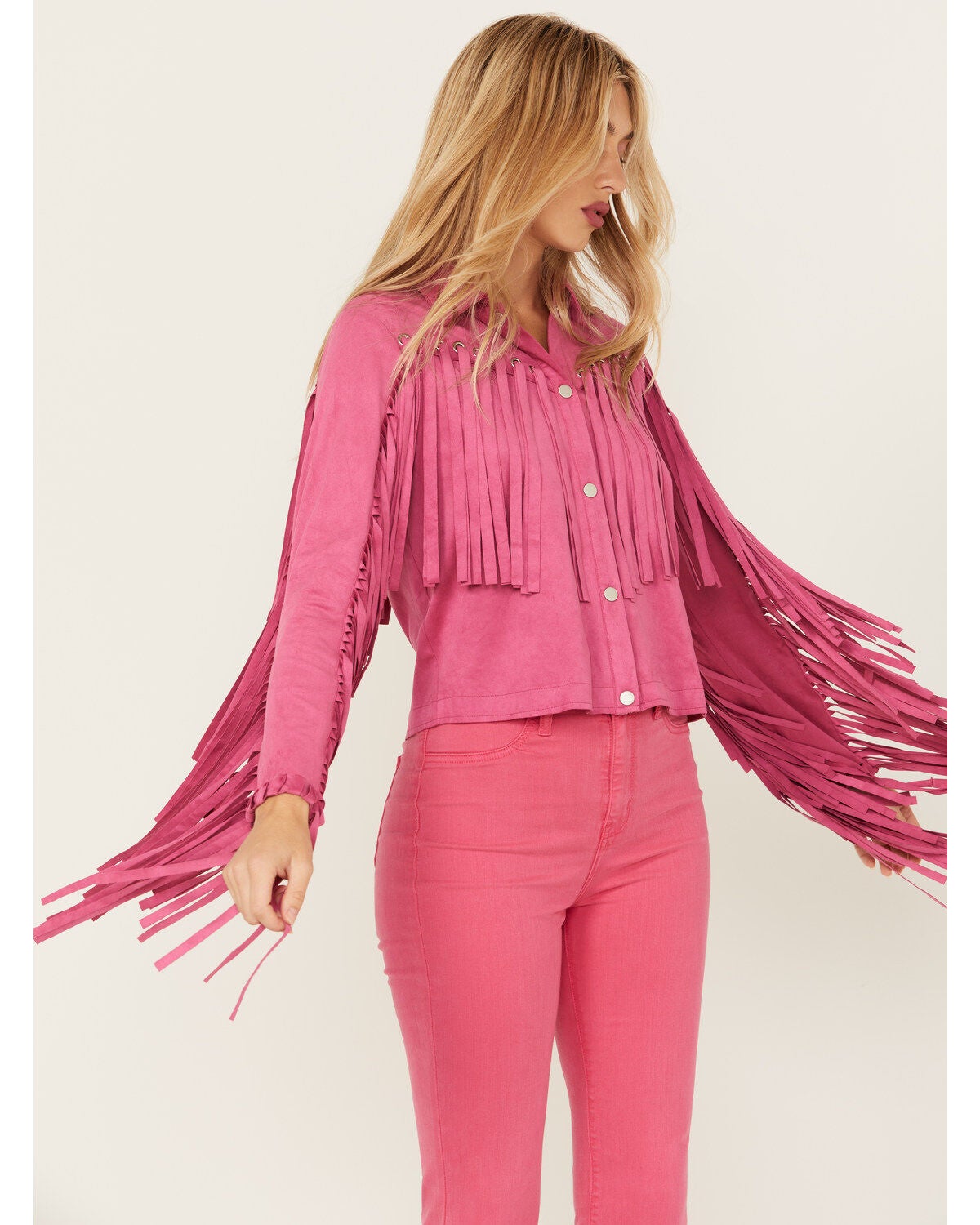 Image #1 - Blue B Women's Grommet Faux Suede Fringe Jacket , , hi-res