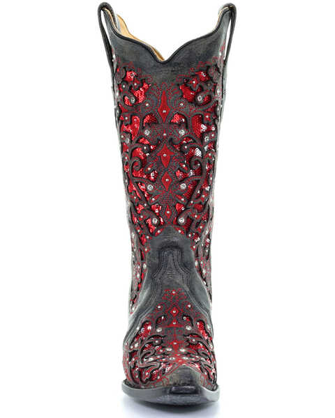 Image #4 - Corral Women's Crystal and Red Sequin Inlay Western Boots - Snip Toe, Black, hi-res