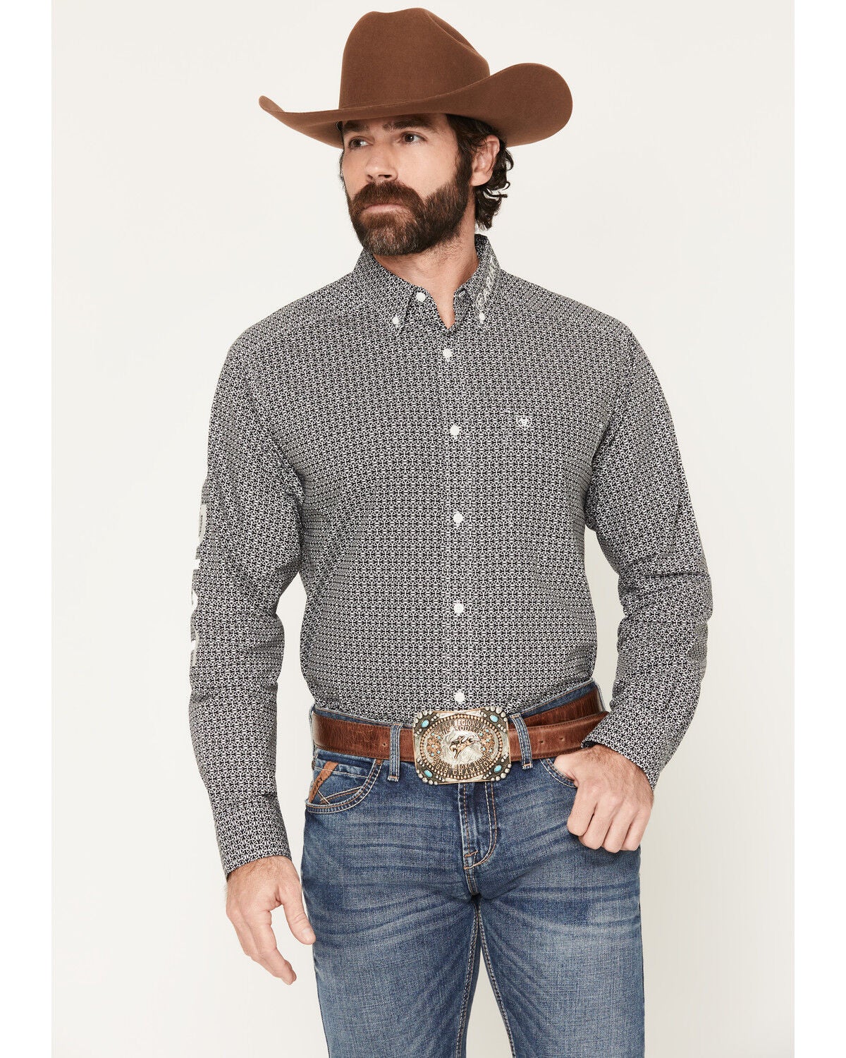 Ariat Men's Team Dawson Geo Print Long Sleeve Button-Down Western Shirt, Black, hi-res