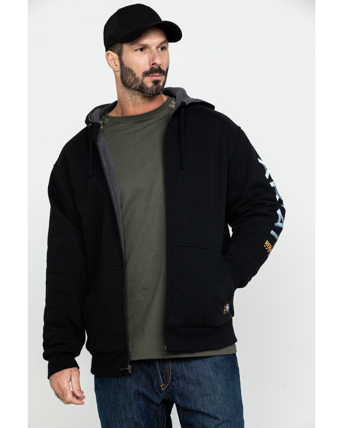 Ariat Men's Rebar All-Weather Full Zip Work Hooded Sweatshirt - Big & Tall, Black, hi-res