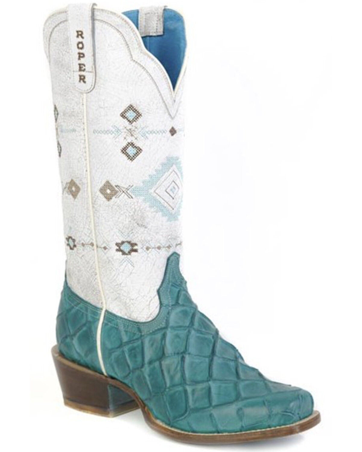 Roper Women's Embossed Pirarucu Western Boots - Square Toe, Blue, hi-res