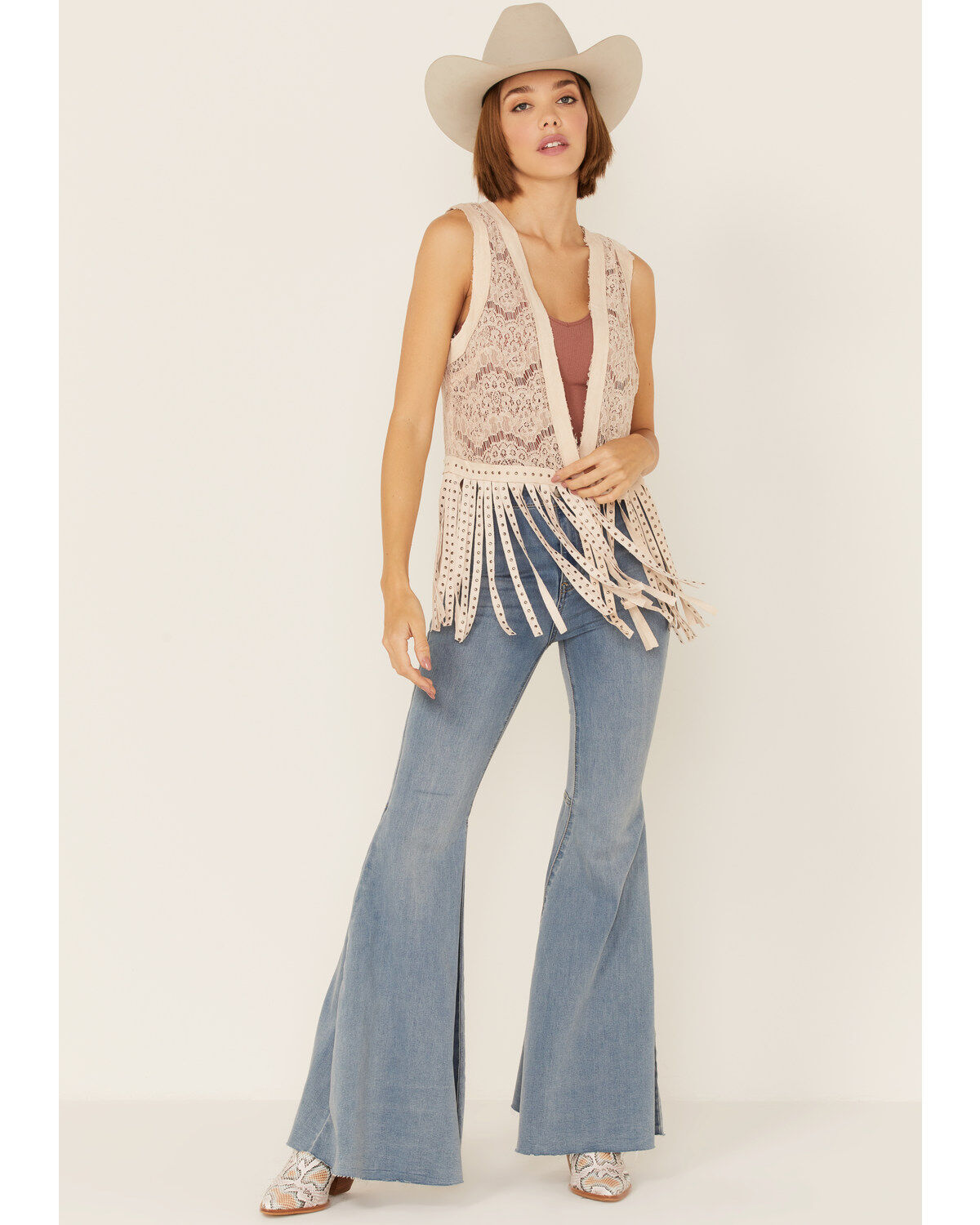 Image #2 - Vocal Women's Lace Studded Fringe Vest, Natural, hi-res