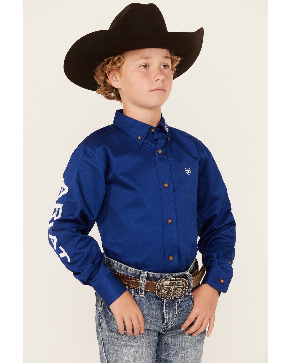 Ariat Boys' Solid Twill Team Logo Long Sleeve Button-Down Western Shirt, Blue, hi-res