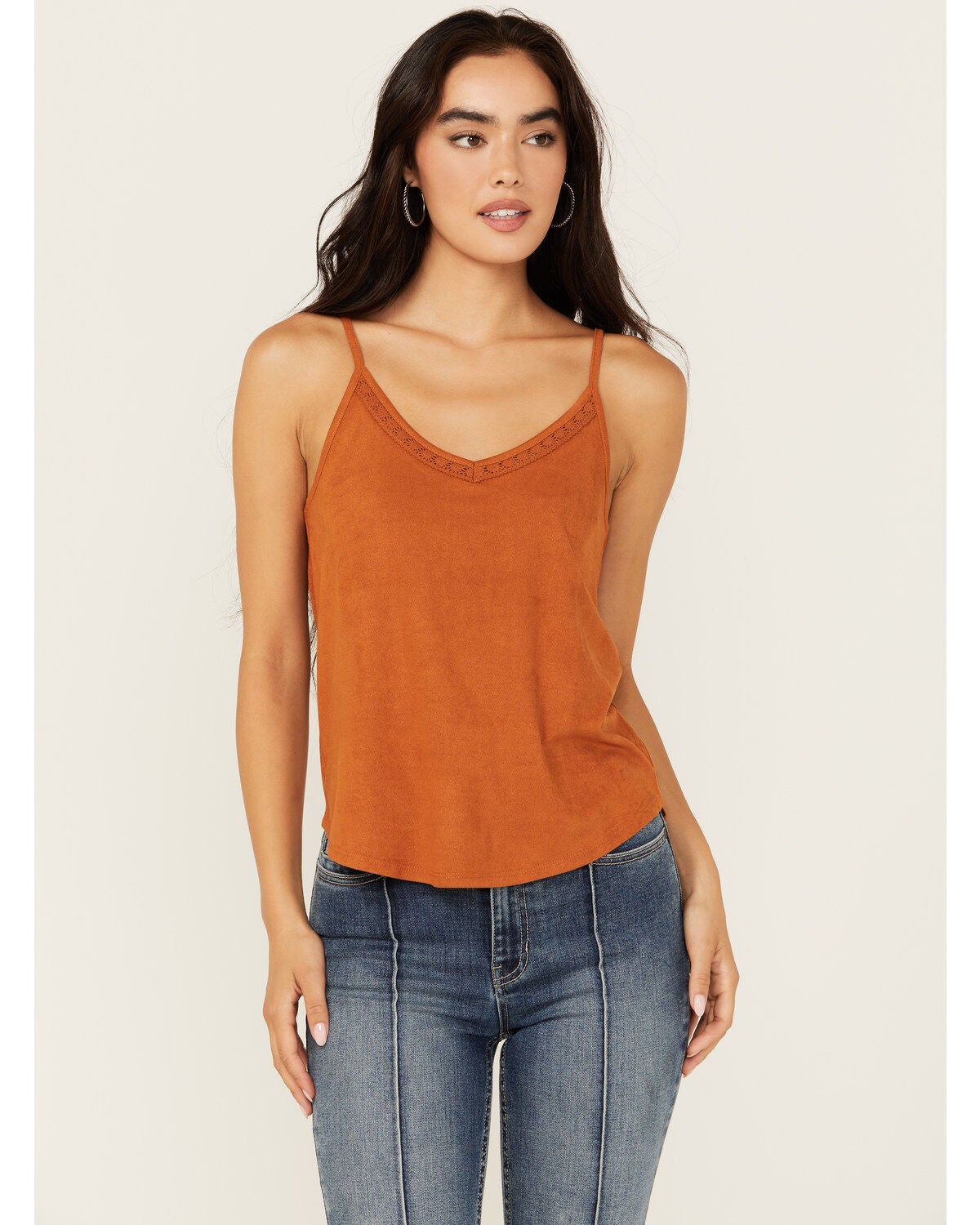 Shyanne Women's Crochet Lace Faux Suede Cami Top, Caramel, hi-res